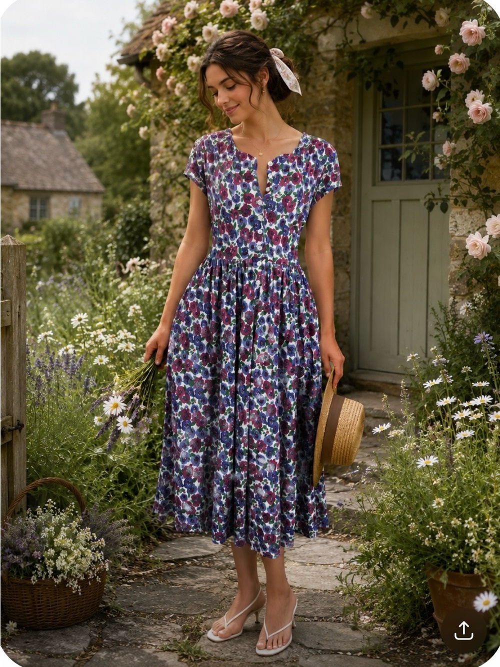 VINTAGE 80's Cottagecore Floral 100% Cotton Midi Dress in Blue and Purple